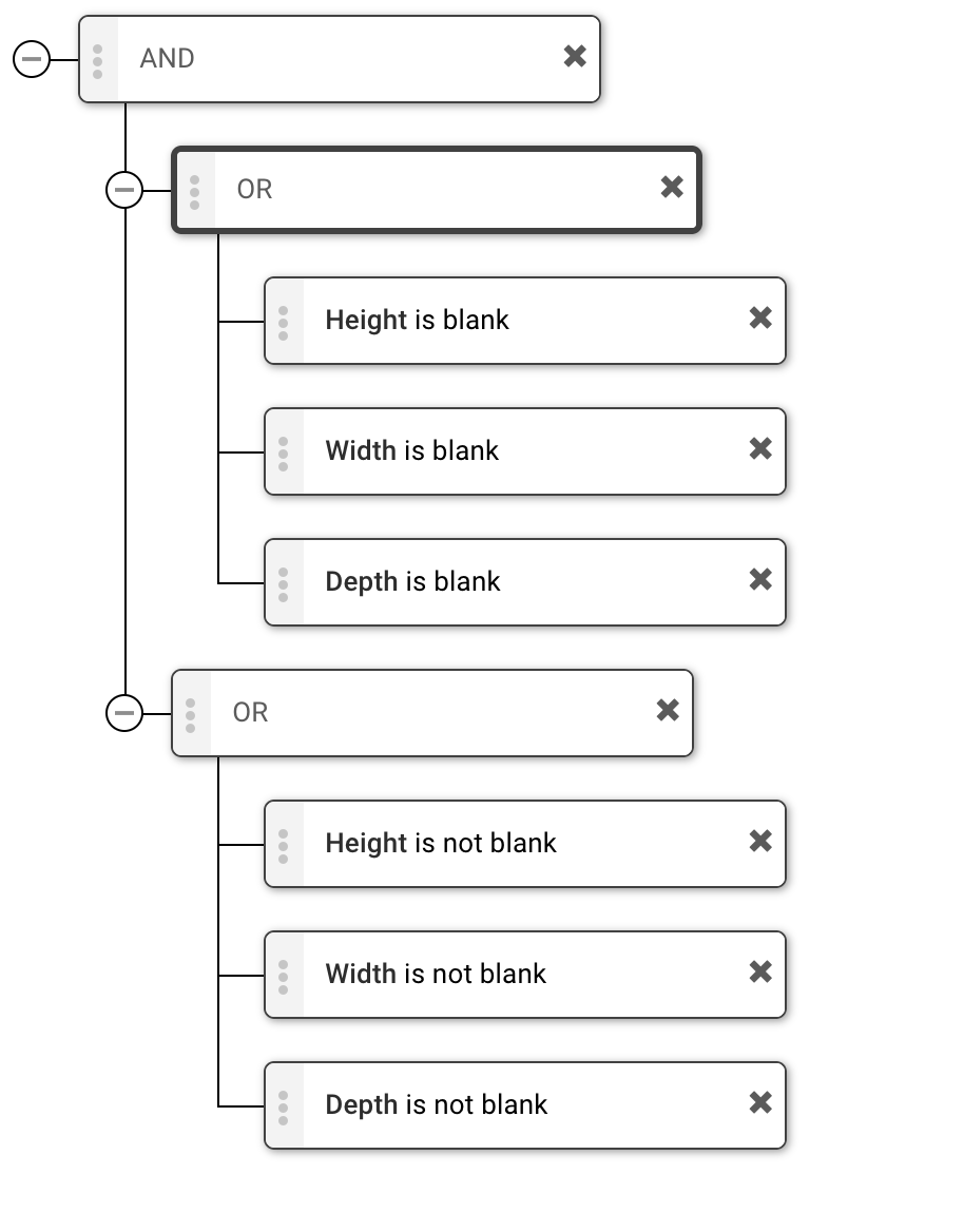 A view of the rule editor, showing the height width depth rule described above