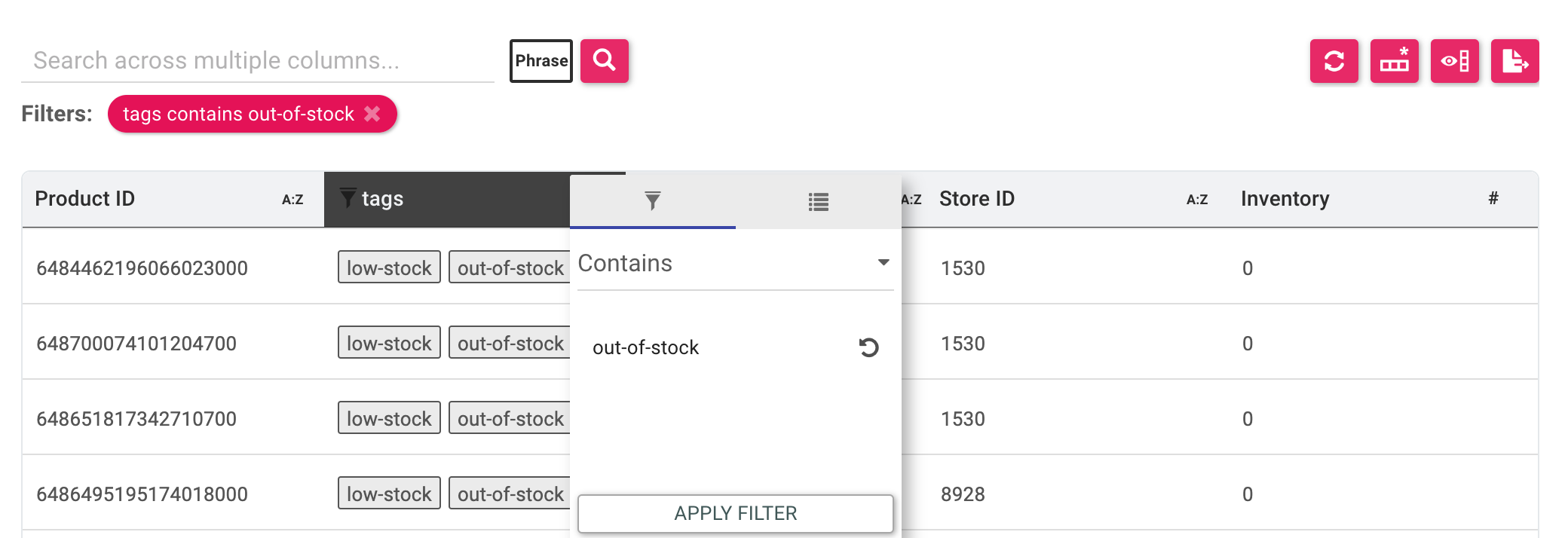 A view of the Inventory Source Collection, showing products with low availability