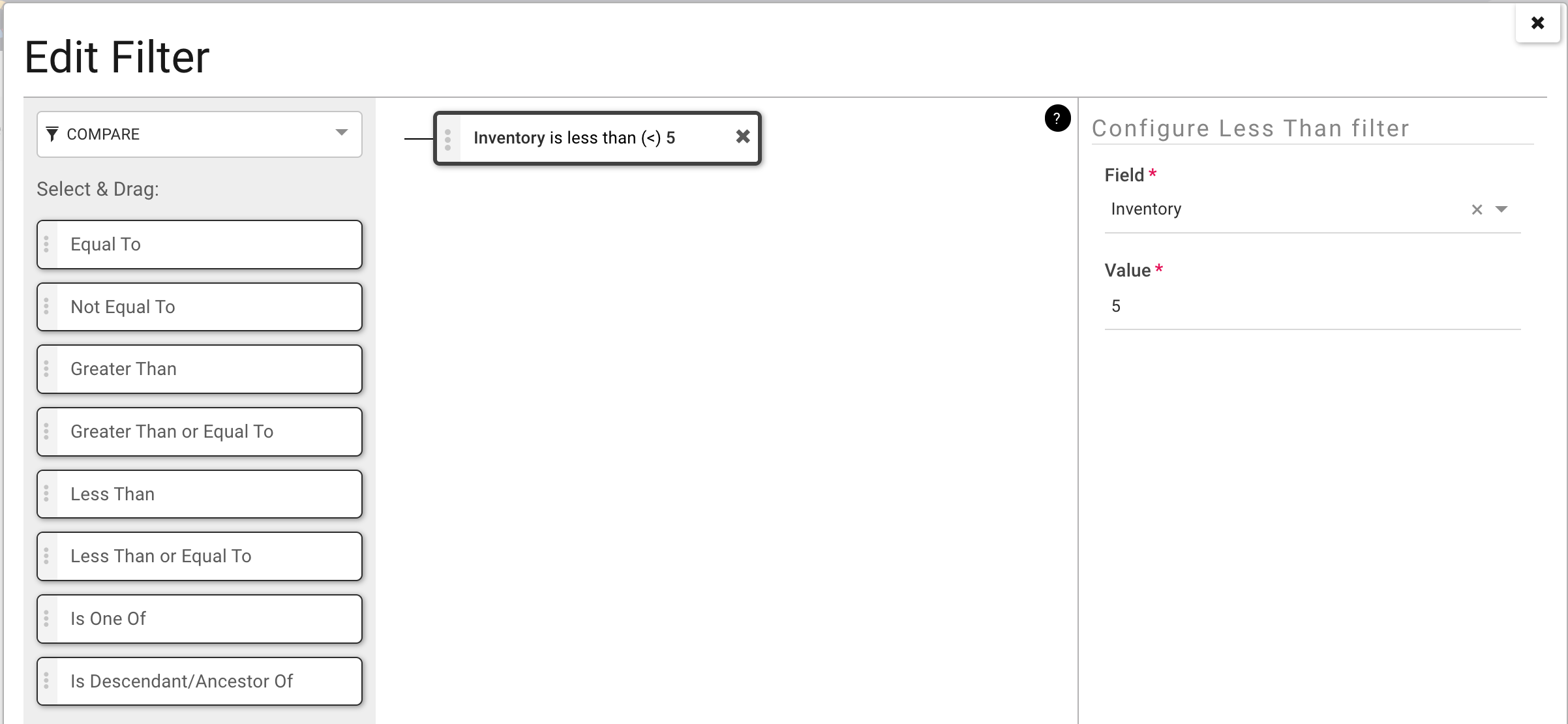 A view of the rule editor, showing Inventory less than 5