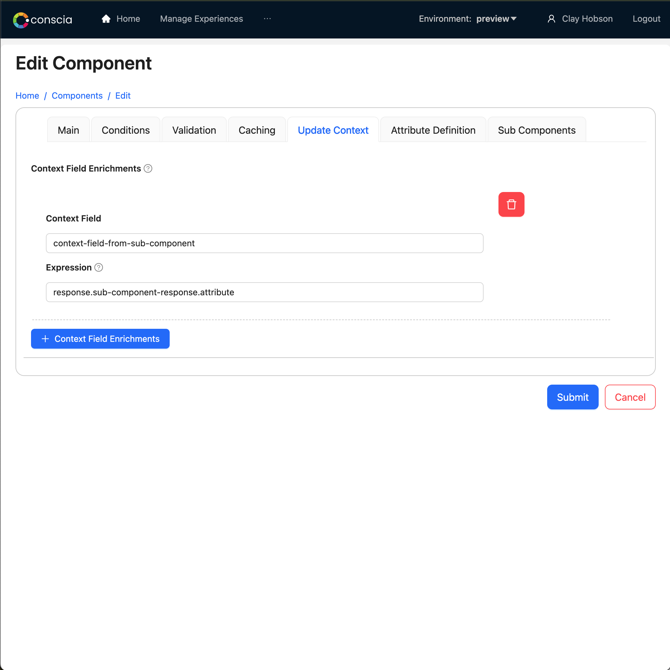 The parent Component&#39;s Update Context pane